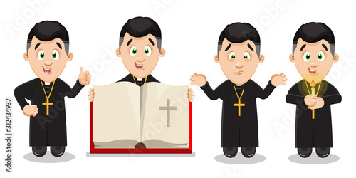 Vector set with catholic priest in black cassock with pectoral cross in different poses and mood.