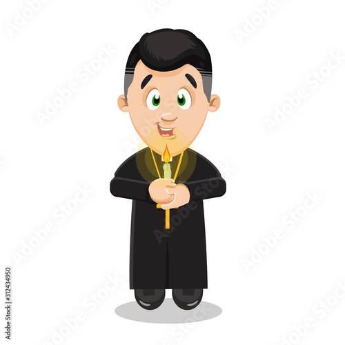 Catholic priest in black cassock with pectoral cross on breast holding burning candle in hands.