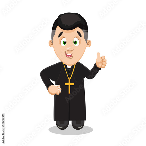 Catholic priest in black cassock with pectoral cross on breast showing thumb up.
