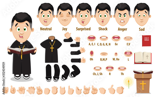 Cartoon catholic priest constructor for animation. Parts of body, set of poses, objects.