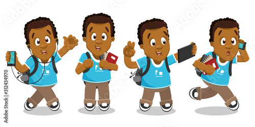 Typical day highlights of afro-american student, guy with backpack.