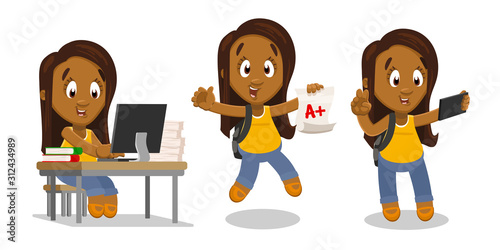 Vector set with highlights of ordinary life of afro-american beautiful girl, student.