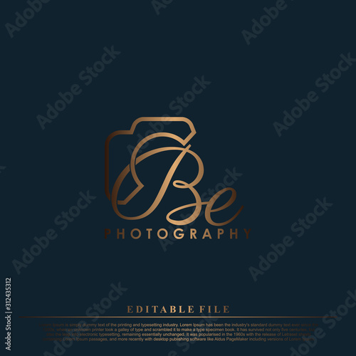 Initial Letter BE with camera. Logo photography simple luxury vector.