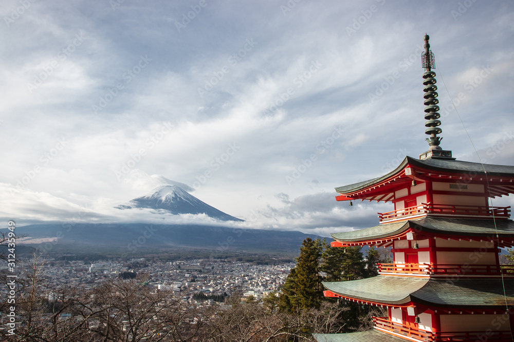 Fujisan and Fuji mountain with the red Chureito pagoda Fujisan and Fuji mountain with the red Chureito pagoda