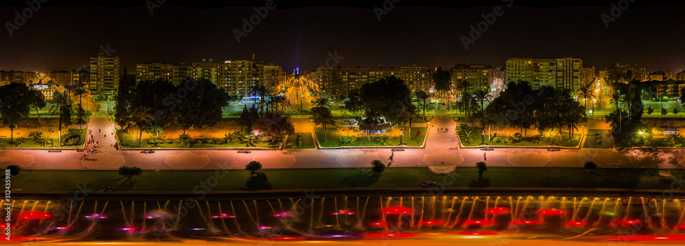 360 degree panoramic aerial view WITHOUT SKY, on Plaza Circular fountain, Murcia. Spain