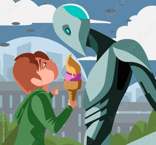 science fiction robot and boy with ice cream