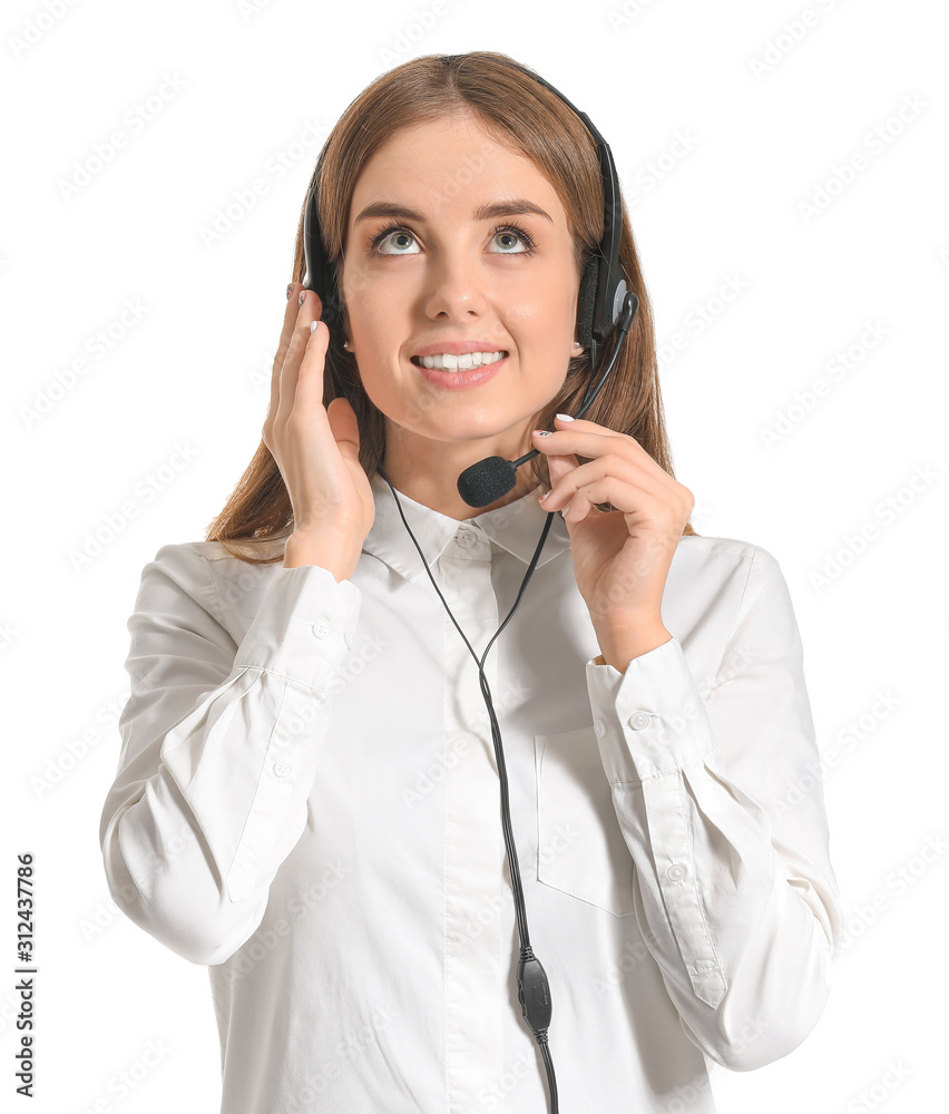 Female technical support agent on white background Female technical support agent on white background