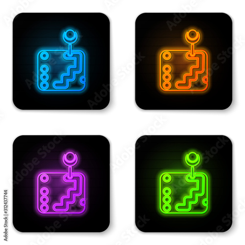 Glowing neon Gear shifter icon isolated on white background. Transmission icon. Black square button. Vector Illustration