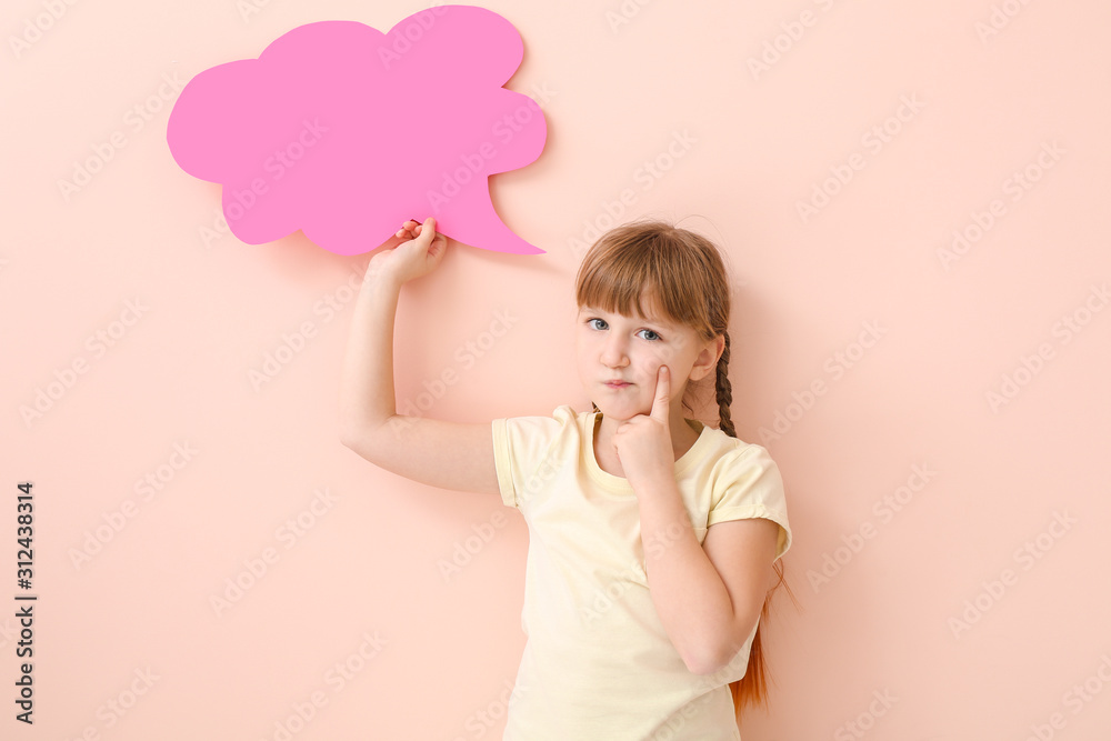 Cute little girl with blank speech bubble on color background Cute little girl with blank speech bubble on color background