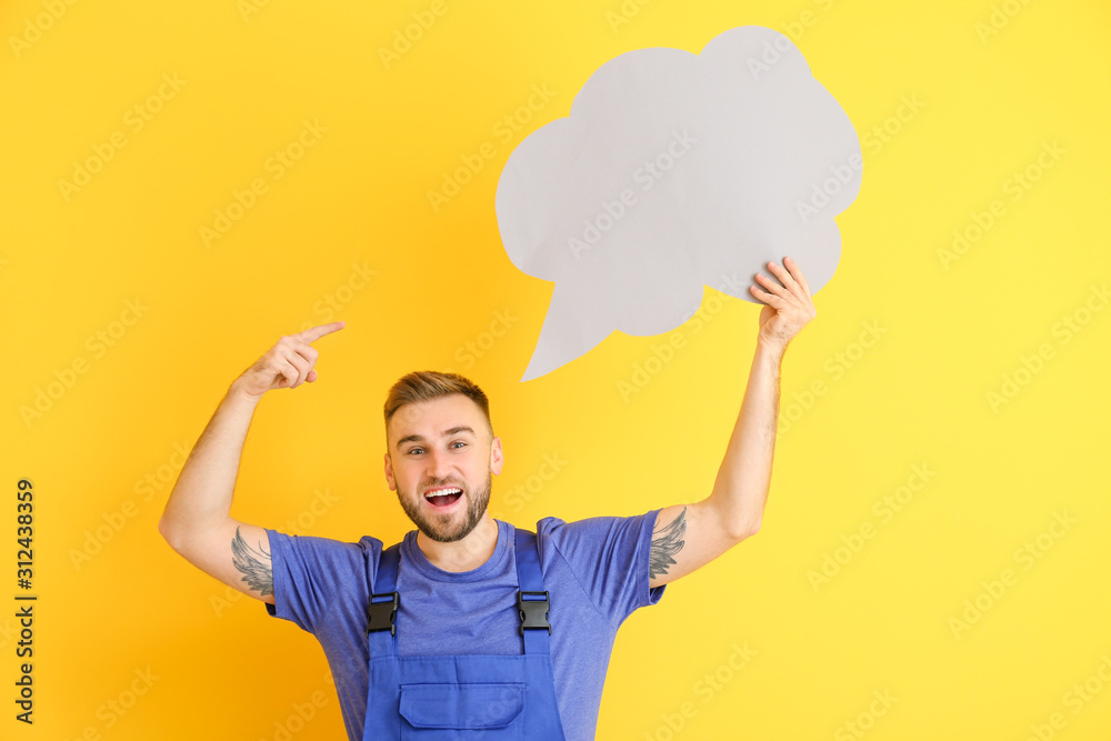 Young man with blank speech bubble on color background Young man with blank speech bubble on color background