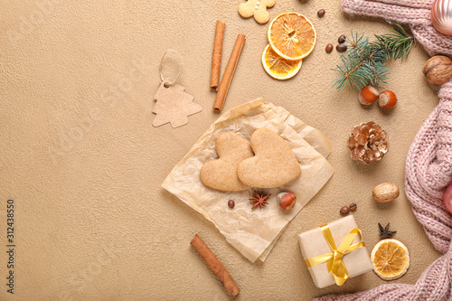 Fototapeta Naklejka Na Ścianę i Meble -  Christmas composition with cookies on color background