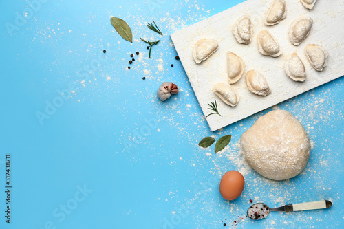 Raw dumplings with spices and dough on color background