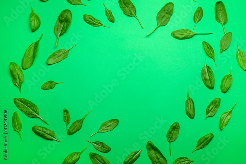 Frame made of fresh spinach on color background © Pixel-Shot