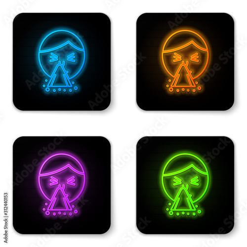 Glowing neon Man holding handkerchief or napkin to his runny nose icon isolated on white background. Coryza desease symptoms. Black square button. Vector Illustration