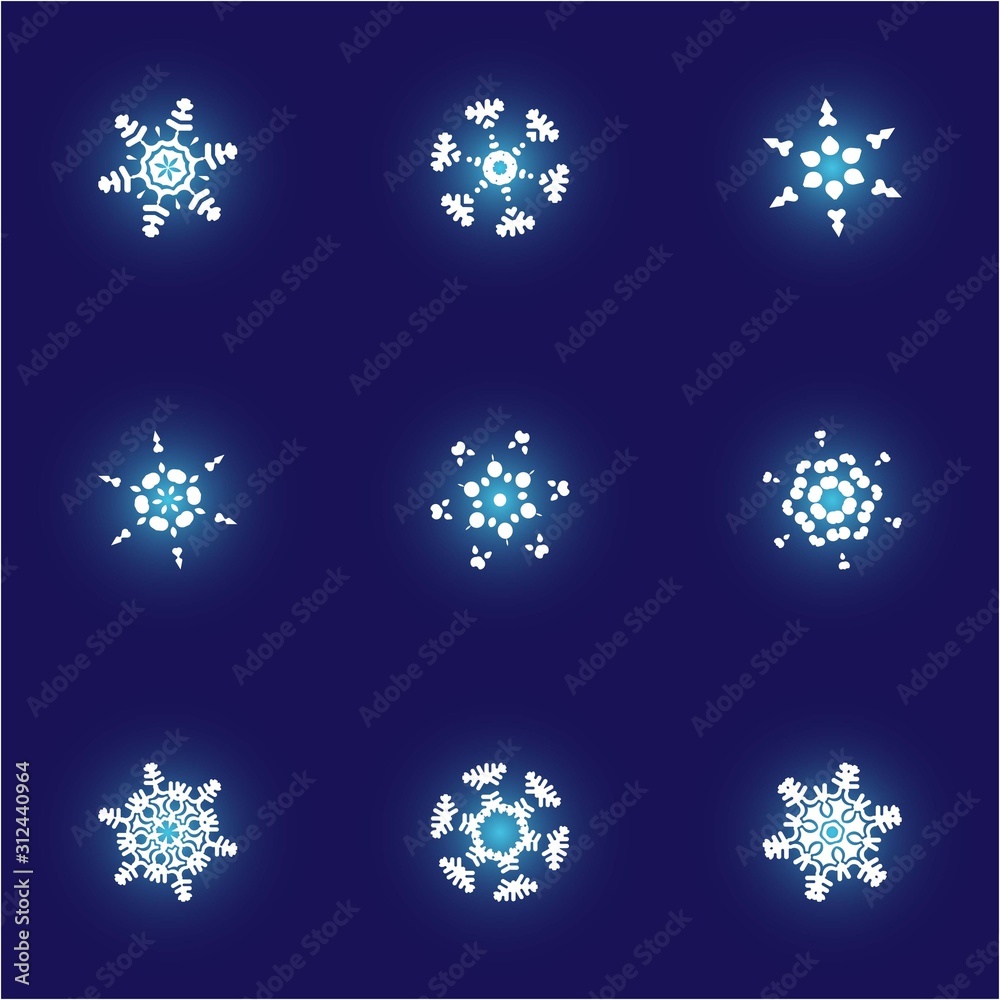 Kit of isolated silhouettes of snowflakes on blue background. Kit of isolated silhouettes of snowflakes on blue background.