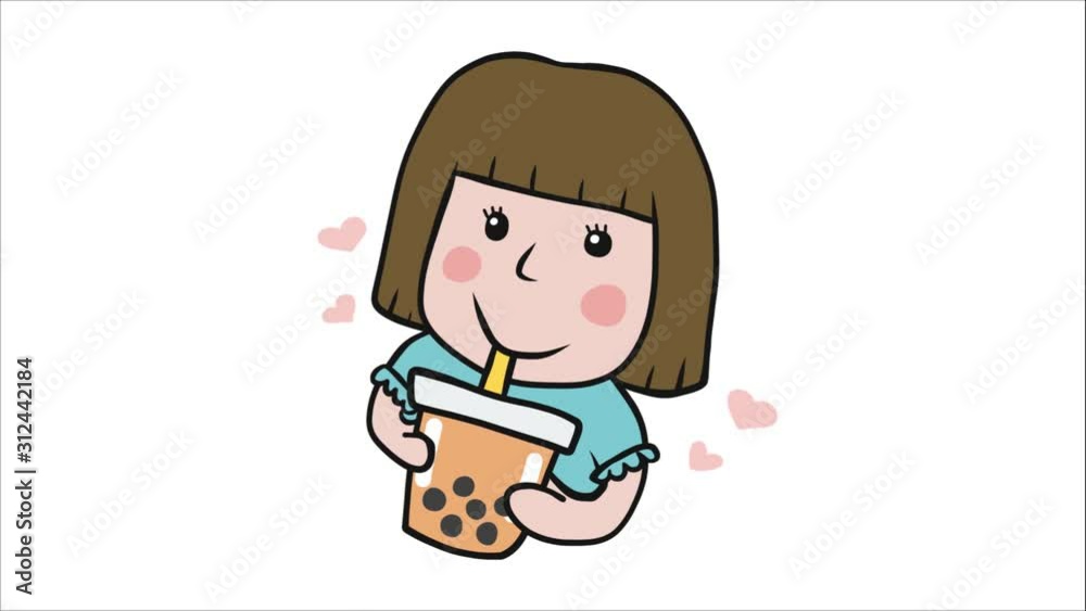 Woman drink big bubble tea cup cartoon Woman drink big bubble tea cup cartoon