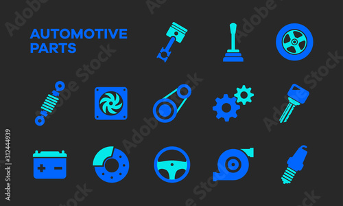 Flat and simple icons of automotive components. Line icons from automotive parts in two different colors. Automotive graphic resources element.