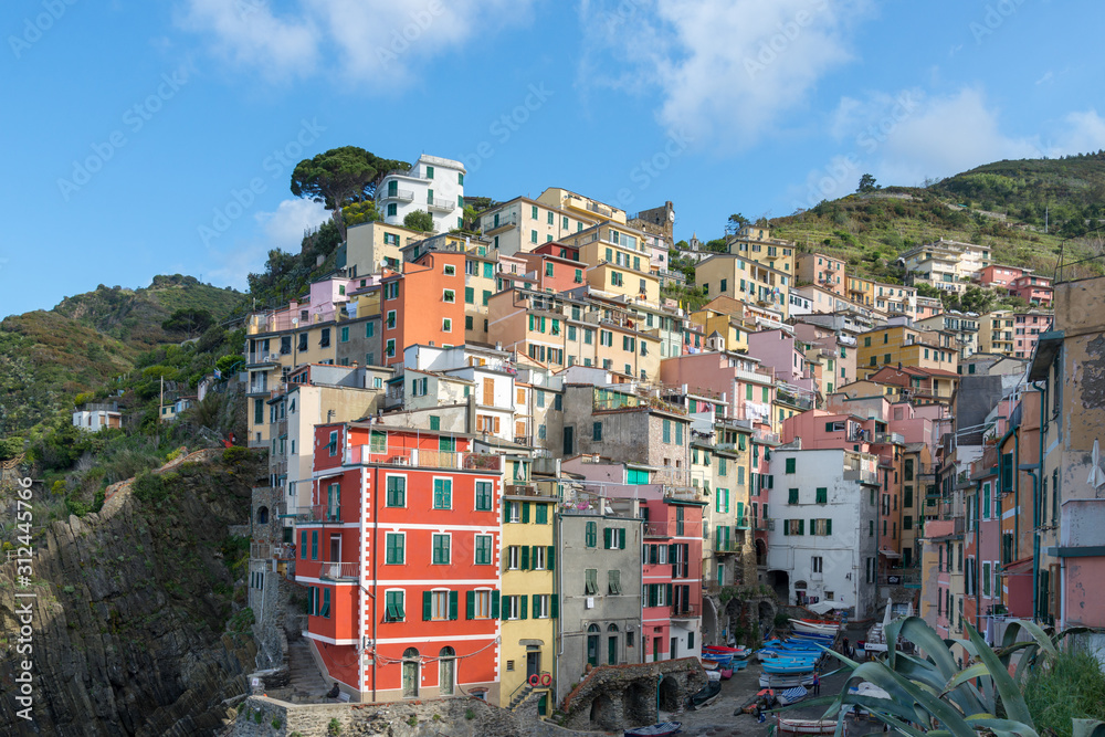 Houses on the rocks of Riomaggiore in the Italian coastal area Cinque Terre 