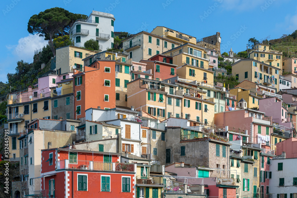 Houses on the rocks of Riomaggiore in the Italian coastal area Cinque Terre 
