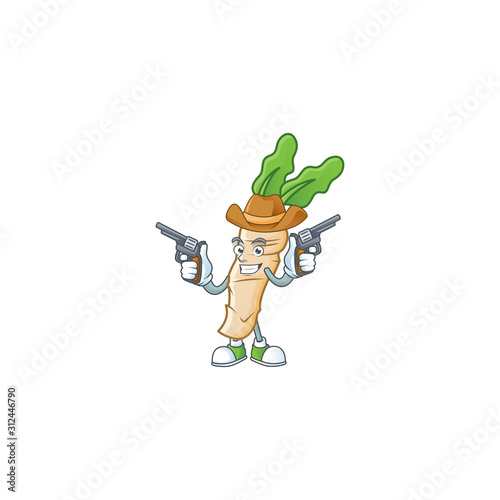 Smiling horseradish mascot icon as a Cowboy holding guns