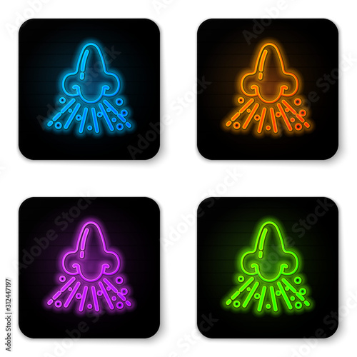 Glowing neon Runny nose icon isolated on white background. Rhinitis symptoms, treatment. Nose and sneezing. Nasal diseases. Black square button. Vector Illustration