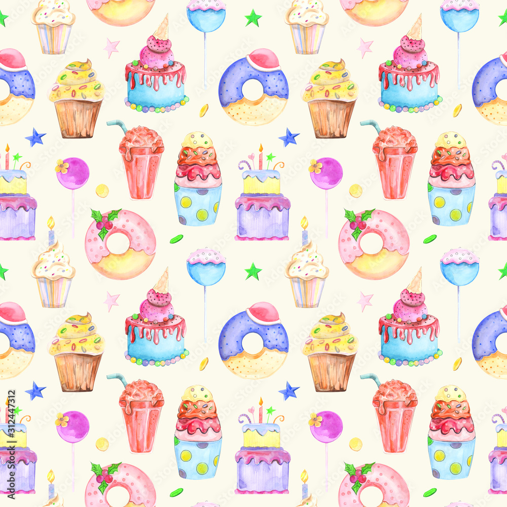 Illustration seamless pattern drawn by watercolor confectionery: cakes, muffins, macaroons on the background.