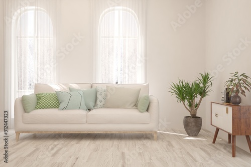 Stylish room in white color with sofa. Scandinavian interior design. 3D illustration