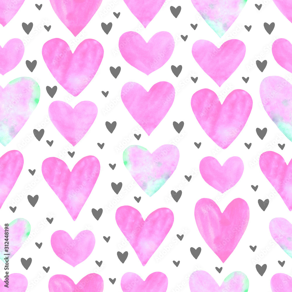 Backgrounds, textures, frames, seamless patterns of watercolor hearts. Hand drawn. Love romance theme for birthday, Valentine's day, greeting card, wedding, wrapping paper