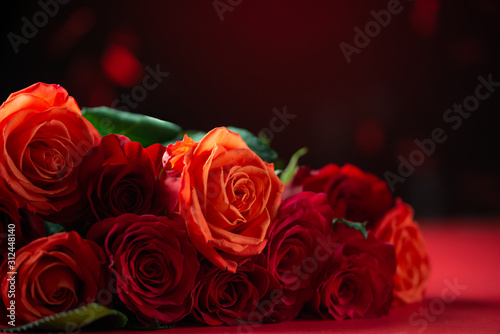 Congratulation on Valentine s Day  roses  flowers  romance. Red background  space for an inscription.