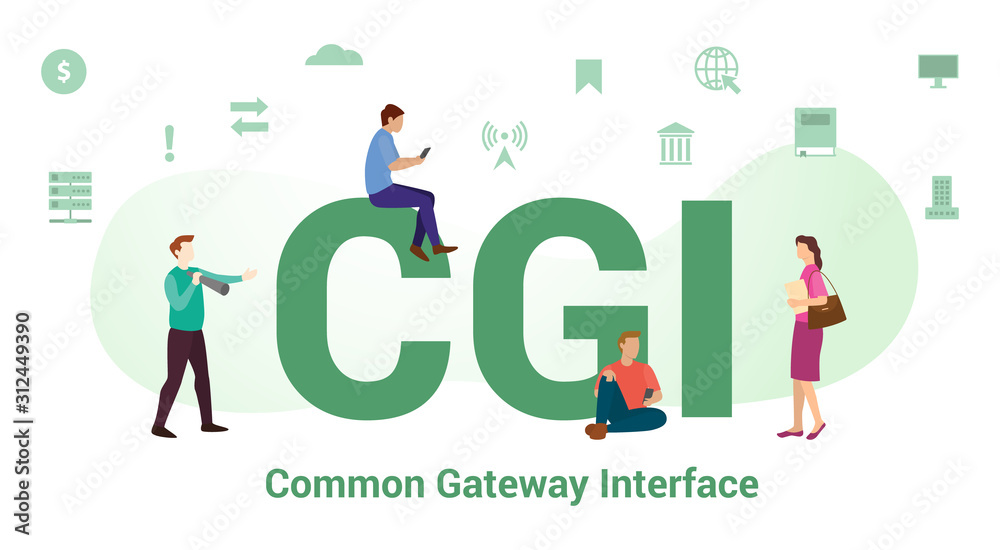 cgi common gateway interface concept with big word or text and team people with modern flat style - vector cgi common gateway interface concept with big word or text and team people with modern flat style - vector