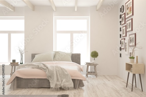 Stylish bedroom in white color. Scandinavian interior design. 3D illustration