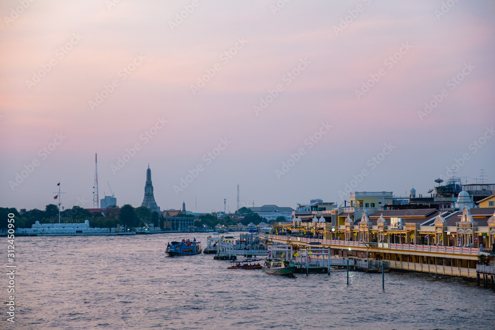 2019 November 7th, Thailand, Bangkok - Sunset scene view of Chao Phraya river.