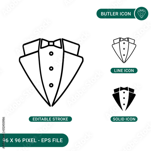 Butler icons set vector illustration with solid icon line style. Tuxedo style concept. Editable stroke icon on isolated background for web design, infographic and UI mobile app.