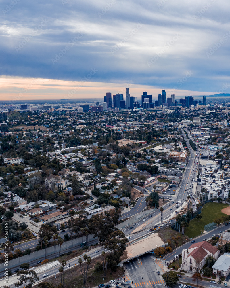An Aerial View of Downtown Los Angeles On A Cloudy Day