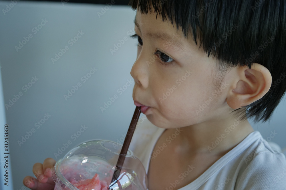 happy cute boy drink strawberry smoothie fruit happy cute boy drink strawberry smoothie fruit