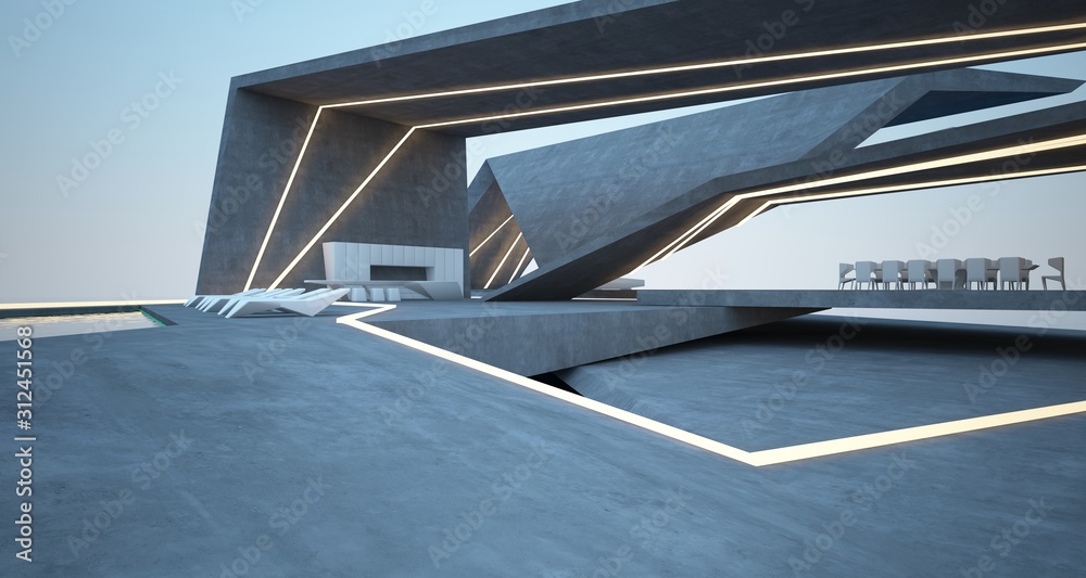 Abstract architectural concrete interior of a modern villa on the sea with swimming pool and neon lighting. 3D illustration and rendering.
