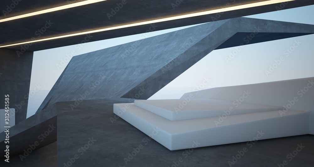 Abstract architectural concrete interior of a modern villa on the sea with swimming pool and neon lighting. 3D illustration and rendering.