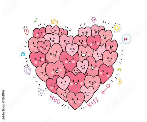 Cartoon cute Valentines day doodle many hearts actions vector.