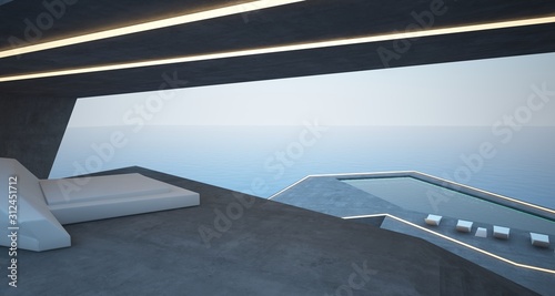 Abstract architectural concrete interior of a modern villa on the sea with swimming pool and neon lighting. 3D illustration and rendering.