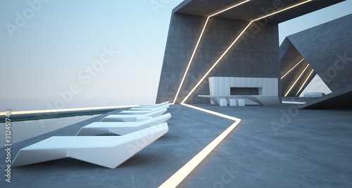 Abstract architectural concrete interior of a modern villa on the sea with swimming pool and neon lighting. 3D illustration and rendering.