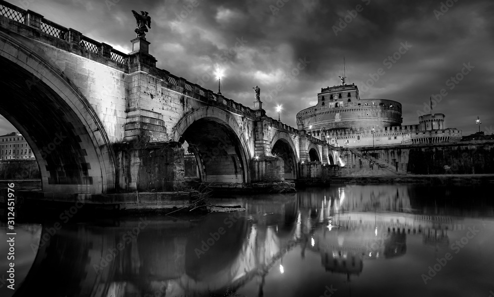 Rome Sunset Saint Angelo Bridge. Black and White Photography