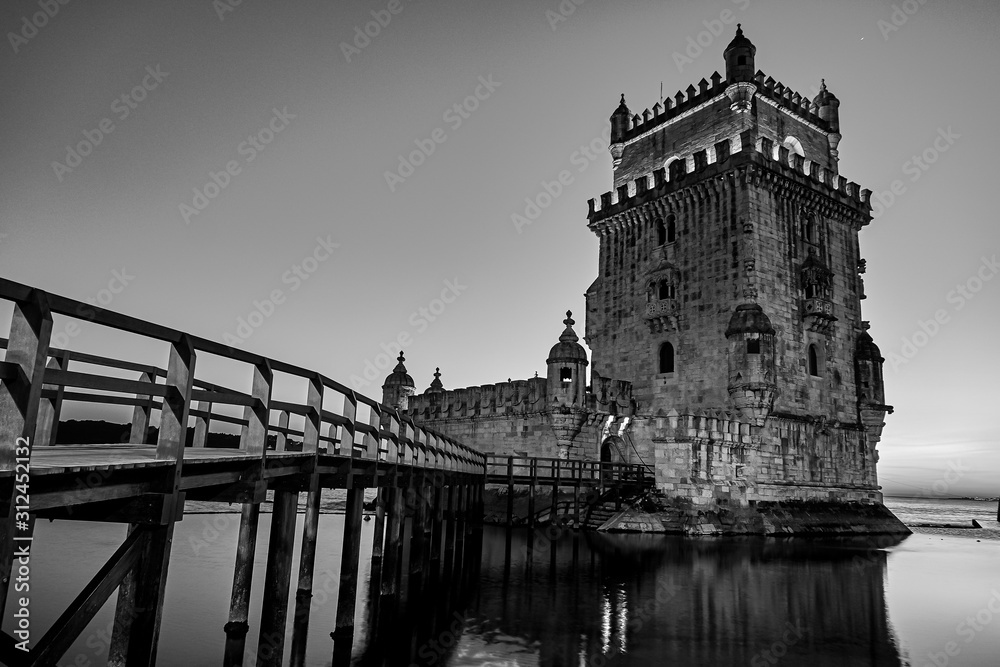 Lisbon Portugal Torre de Belem Tower Sunset Black and White Photography