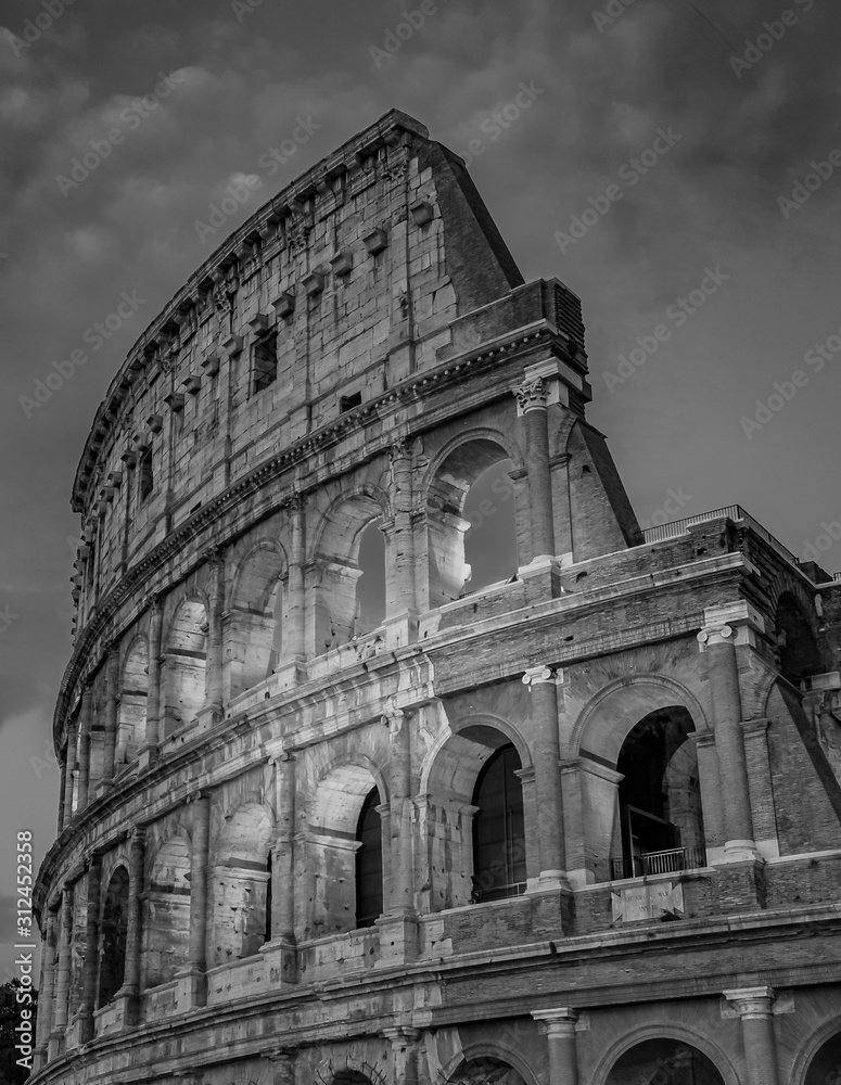 Rome Colosseum at Night Architecture in Rome City Center Black and White Photography