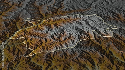 Trashigang, district with its capital, zoomed and extruded on the relief map of Bhutan in the conformal Stereographic projection. Animation 3D photo