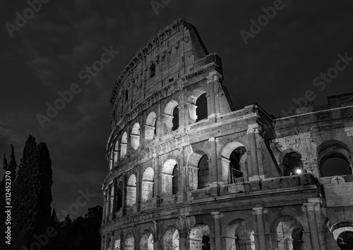Rome Colosseum at Night Architecture in Rome City Center Black and White Photography