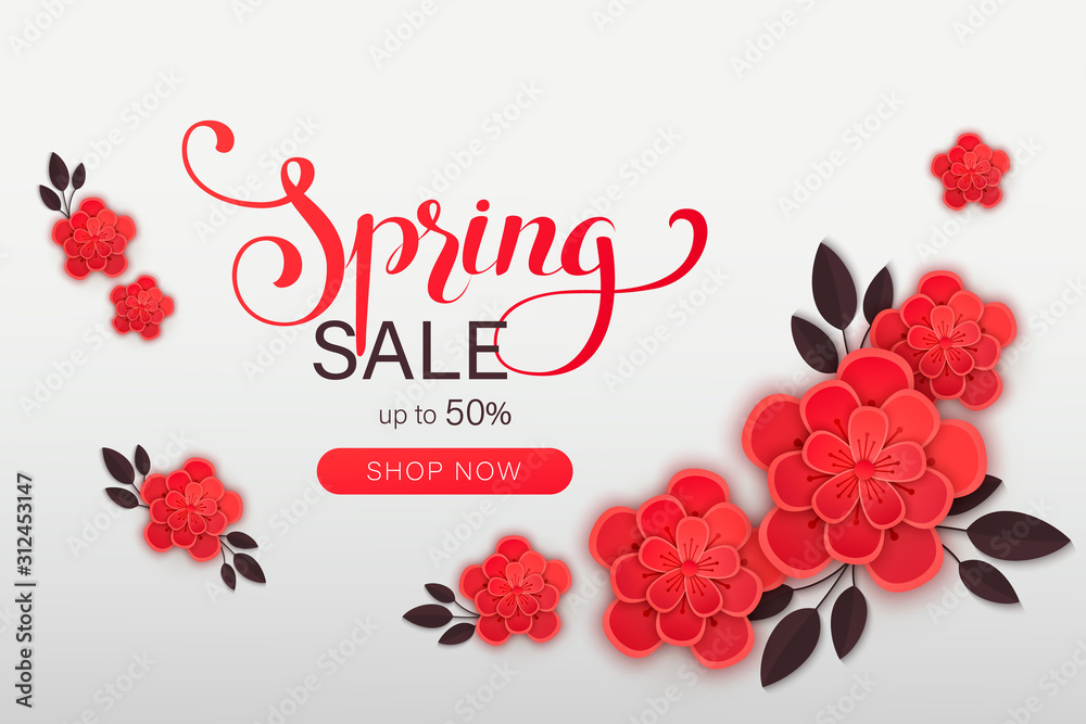 Voorlopige naam Comorama Klagen Web Wanner with red paper flowers for spring sales. Vector illustration of  realistic flowers, can be used in the magazine, online, store leaflets  Stock Vector | Adobe Stock