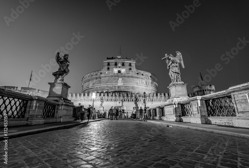 Tourists Visiting Ponte Sant'Angelo in Rome Italy Black and White Photography