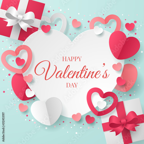 Valentine's day background with heart shape, envelope and gift box. Paper cut style. Vector illustration