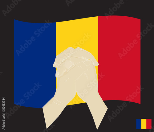 Praying hands with  Romania  National Flag , Pray for Romania concept, Save Romania, cartoon graphic, sign symbol background, vector illustration.