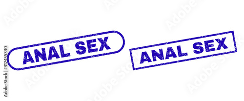 Blue rectangle and rounded ANAL SEX watermark. Flat vector grunge seals with ANAL SEX title inside rectangle frame and rounded rectangle frames. Watermark with grunge texture, on a white background.